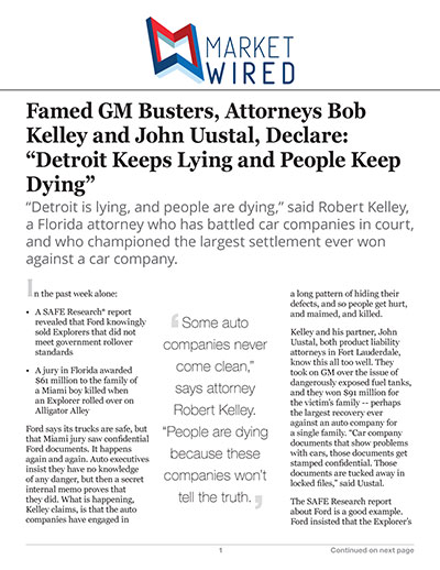Click for document: Famed GM Busters, Attorneys Bob Kelley and John Uustal, Declare: “Detroit Keeps Lying and People Keep Dying Famed GM Busters, Attorneys Bob Kelley and John Uustal, Declare: “Detroit Keeps Lying and People Keep Dying