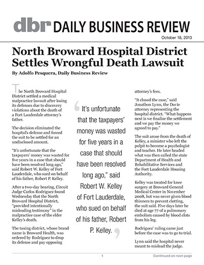Click for document: North Broward Hospital District Settles Wrongful Death Lawsuit North Broward Hospital District Settles Wrongful Death Lawsuit