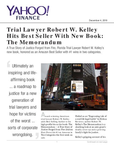 Trial Lawyer Robert W. Kelley Hits #1 Best Seller With New Book: The Memorandum